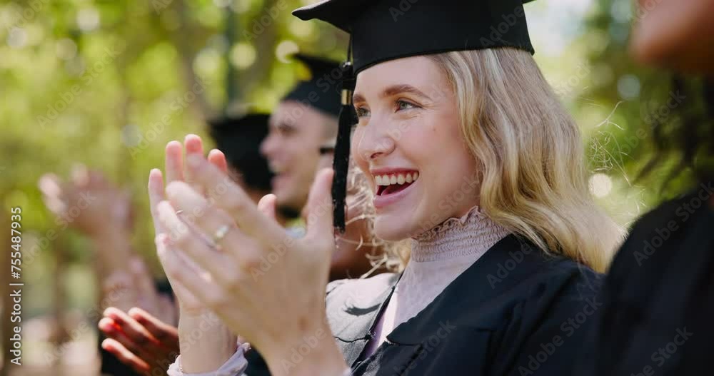 Poster Applause, graduation or students on campus in college or university to celebrate school diploma or goals. Clapping, graduate scholarship or excited community with smile in nature for class success