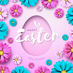 Happy Easter Holiday Design with Spring Flower and Egg Symbol on Light Pink Background. International Religious Vector Celebration Illustration with Typography for Greeting Card, Party Invitation or - obrazy, fototapety, plakaty
