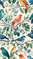 Naklejka premium Tropical leaves, flowers frangipani, birds of paradise, palm trees and flowers bird, parrot abstract and watercolor colors seamless realistic vector image,