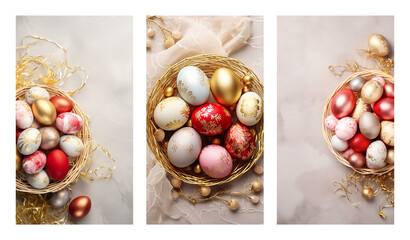 Three Easter backgrounds , top view. Eggs decorated with colorful glitter, in a basket. isolated on light. For congratulatory post in phone , vertical format
