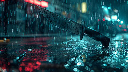 Dirty kitchen knife dropped on a rainy night street, generative ai