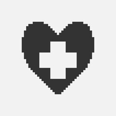 Obraz premium black and white simple flat 1bit pixel art abstract medical cross inside heart icon