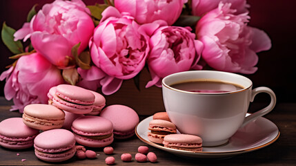 Fototapeta na wymiar A bouquet of pink peony flowers with cup of coffee and