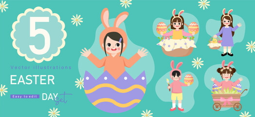Happy Easter Set. designs for spring holidays. Cute congratulations with painted easter eggs, rabbits, bunnies, festive cakes. Colored flat vector illustrations