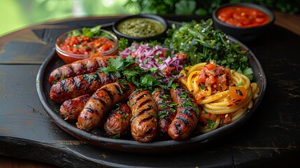 Grilled sausage with herbs and vegetables on a plate, BBQ dish