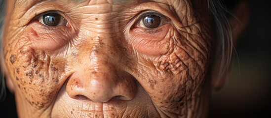 In the close-up view, an elderly Asian womans face shows prominent wrinkles and small brown patches, commonly referred to as age spots or liver spots. The natural signs of aging are visible as her - obrazy, fototapety, plakaty