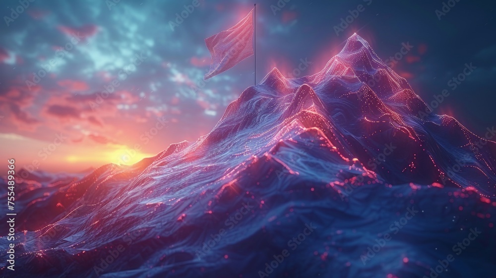 Aufkleber An illustration of a mountain with a flag in a polygonal wireframe style in the digital future. Business goals achievement concept.