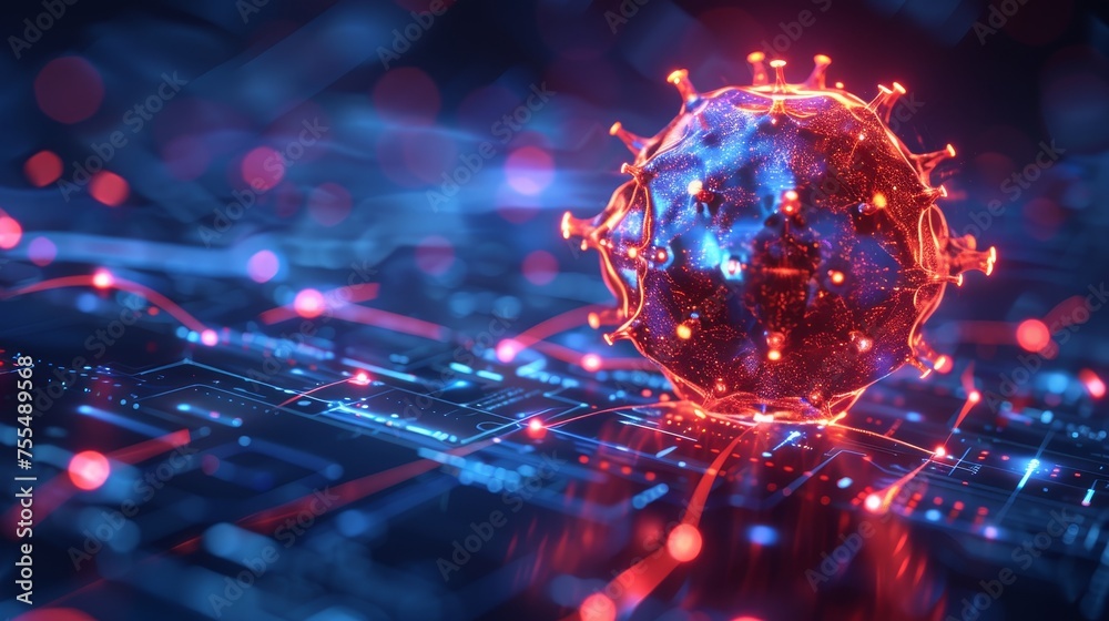 Poster future shield with virus modern illustration on a blue background. abstract glowing bubble shield. t