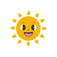 Happy sun character vector illustration in retro style. Cute cartoon mascot with eyes and smile. Summer design element. Isolated on white background.