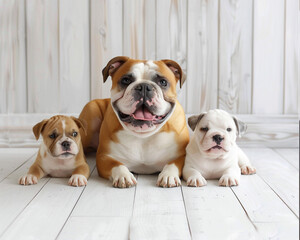 Obraz premium Portrait of a female English bulldog with puppies lying on a white wooden floor. Close-up portrait