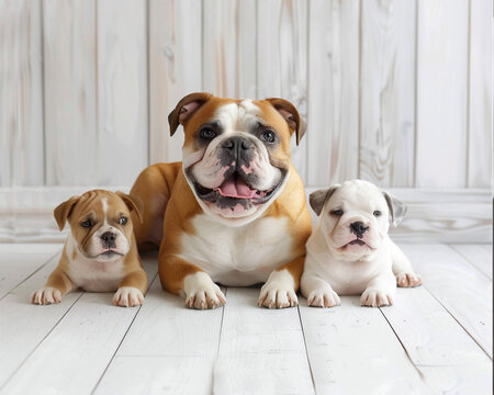 Portrait of a female English bulldog with puppies lying on a white wooden floor. Close-up portrait