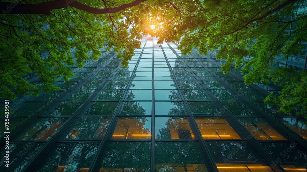 Poster the modern eco-friendly building in the modern city. green trees with leaves and a sustainable glass