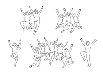 Fototapeta na wymiar Happy one person and group of people jumping set, continuous one line drawing. Friendship, team work, healthy lifestyle, success concept. Minimalist simple linear style. Vector outline
