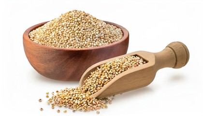 Sorghum seeds in wooden bowl and scoop isolated on white background. Top view. Flat lay. 