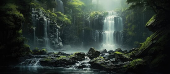 This painting depicts a majestic waterfall surrounded by lush greenery of a dense forest. The cascading water creates a dynamic focal point amidst the trees and rocks, capturing the raw power of