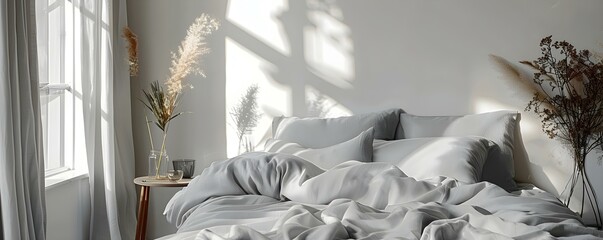Elegant Bedroom with Gray Silk Linens on Pillow Bed. Concept Bedroom Decor, Silk Linens, Gray Color Scheme, Elegant Design, Pillow Bed