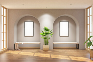 Scandinavian cafe interior with frame mock up on the wall. Design 3d rendering of gray and light woods. Design print for illustration, presentation, mock up, interior, zoom, background. Set 13