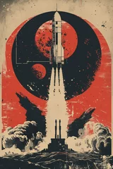 Poster vintage rocket taking off © MantasIsAI