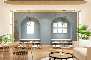 Scandinavian cafe interior with frame mock up on the wall. Design 3d rendering of blue and light woods. Design print for illustration, presentation, mock up, interior, zoom, background. Set 5