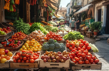 Colorful street market with fresh fruits and vegetables on display in a quaint town, showcasing healthy food options in an outdoor setting.