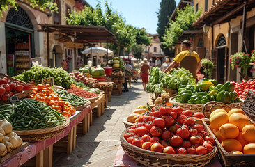Sunny outdoor market with fresh vegetables on display, shoppers browsing in a quaint village setting.