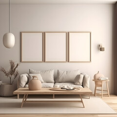 minimalist lounge room with wooden furniture, white walls,table,greenery,chandelier,white sofa with Interior Mockup with three white photo frame in the background