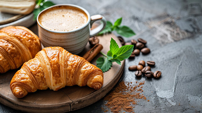 Enjoying a morning meal consisting of a croissant and coffee
