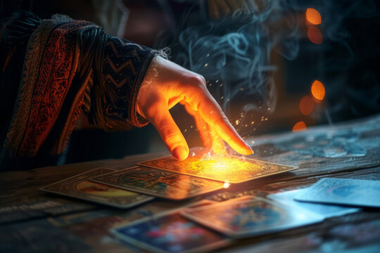 Tarot reader pick up tarot card. Tarot cards spread on table near burning candles. Generative AI