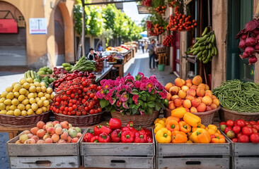 Colorful fresh fruits and vegetables on display at a street market with a blurred background of shops.