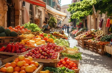 Fototapeta na wymiar Colorful street market with fresh fruits and vegetables on display in a quaint European town.
