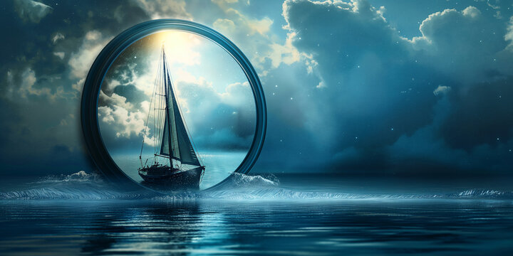 Nautical illustration background, perfect for sailing or maritime travel website. Sailboat sailing on the blue waves. 