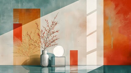 Stylish Modernist Composition with Geometric Shapes and Vase of Plants for Elegant Interior Design