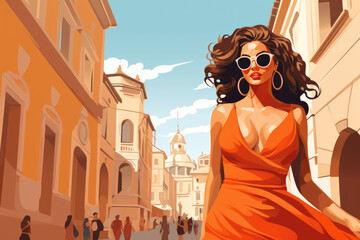 beautiful woman in orange dress walk in mediteran city in summer illustration