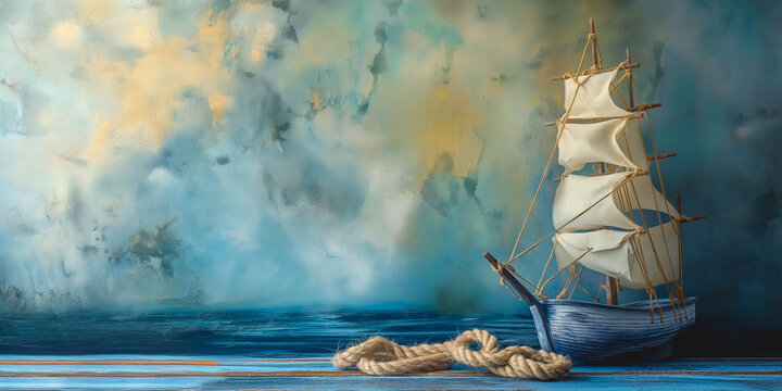 Nautical illustration background, perfect for sailing or maritime travel website. White schooner sailboat sailing on the blue waves. Blue sea