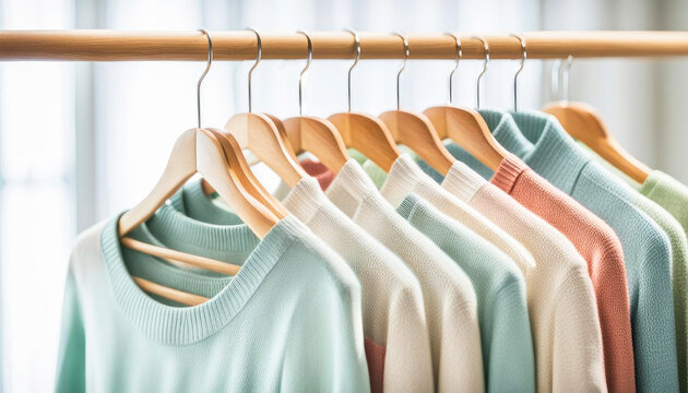 wooden hangers with sweaters in light spring colors, hanging in a row
