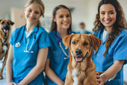 Team of smiling veterinary staff together in the clinic. Generative AI
