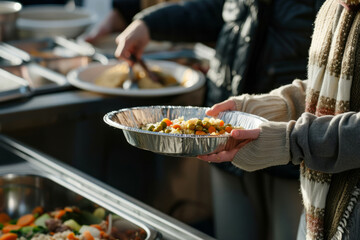 Volunteer serving meal to homeless people in shelter. Generative AI