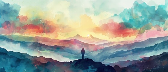 Sunset Contemplation, standing atop a mountain, gazing at a vast, colorful landscape bathed in the warm glow of a setting sun, with layers of hills and clouds melting into a dreamlike horizon. - obrazy, fototapety, plakaty