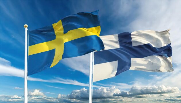 Sweden and Finland flags waving together in the wind on blue cloudy sky, two country 