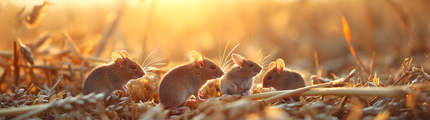 Mice in the harvested field in summer evening with setting sun. Group of wild animals in nature. Horizontal, banner. - obrazy, fototapety, plakaty