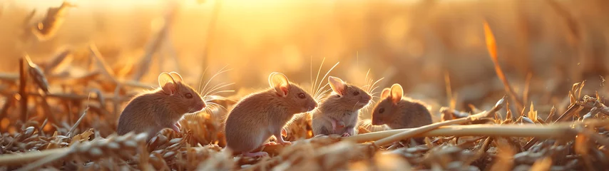 Deurstickers Mice in the harvested field in summer evening with setting sun. Group of wild animals in nature. Horizontal, banner. © linda_vostrovska