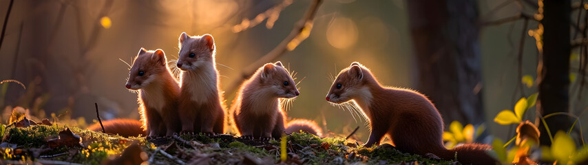 Marten family in the forest with setting sun shining. Group of wild animals in nature. Horizontal,...