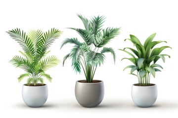 Obraz premium Three potted plants are lined up in a row, with one of them being a palm tree