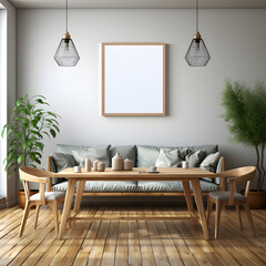 comfortable family lounge afternoon with Wooden Furniture,chairs,greenery,two chandelier,grey walls,chandelier with Interior Mockup with one white photo frame in the background