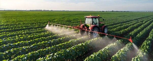 Spraying pesticides in a springtime soybean field. Concept Agricultural Pest Control, Spring Crop Protection, Soybean Field Management, Pesticide Application Safety