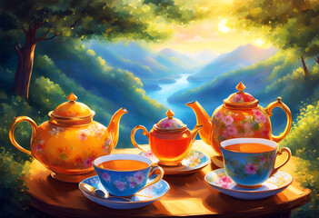   A tea set on a table with beautiful Mountain