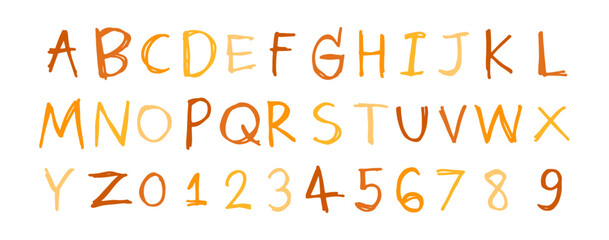 English alphabet A to Z, 0 to 9 color 17 cute on a white background, vector illustration.
