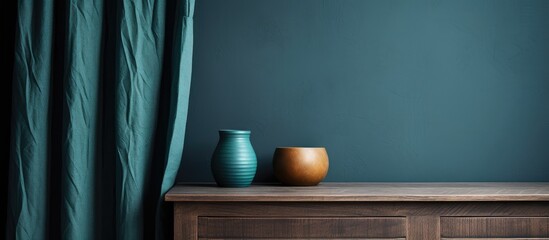 Two vases are placed on a wooden dresser, set against a green curtain backdrop. The dressers detailed texture contrasts with the teal curtain creating a harmonious scene.