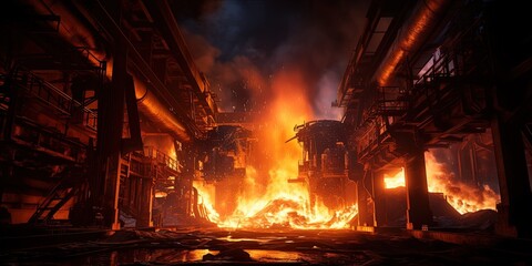 hell like heat and flames at steel mill.