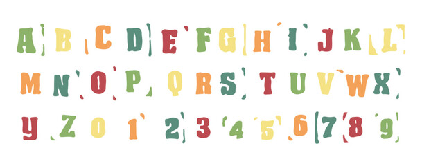 English alphabet A to Z, 0 to 9 color 21 cute on a white background, vector illustration.
